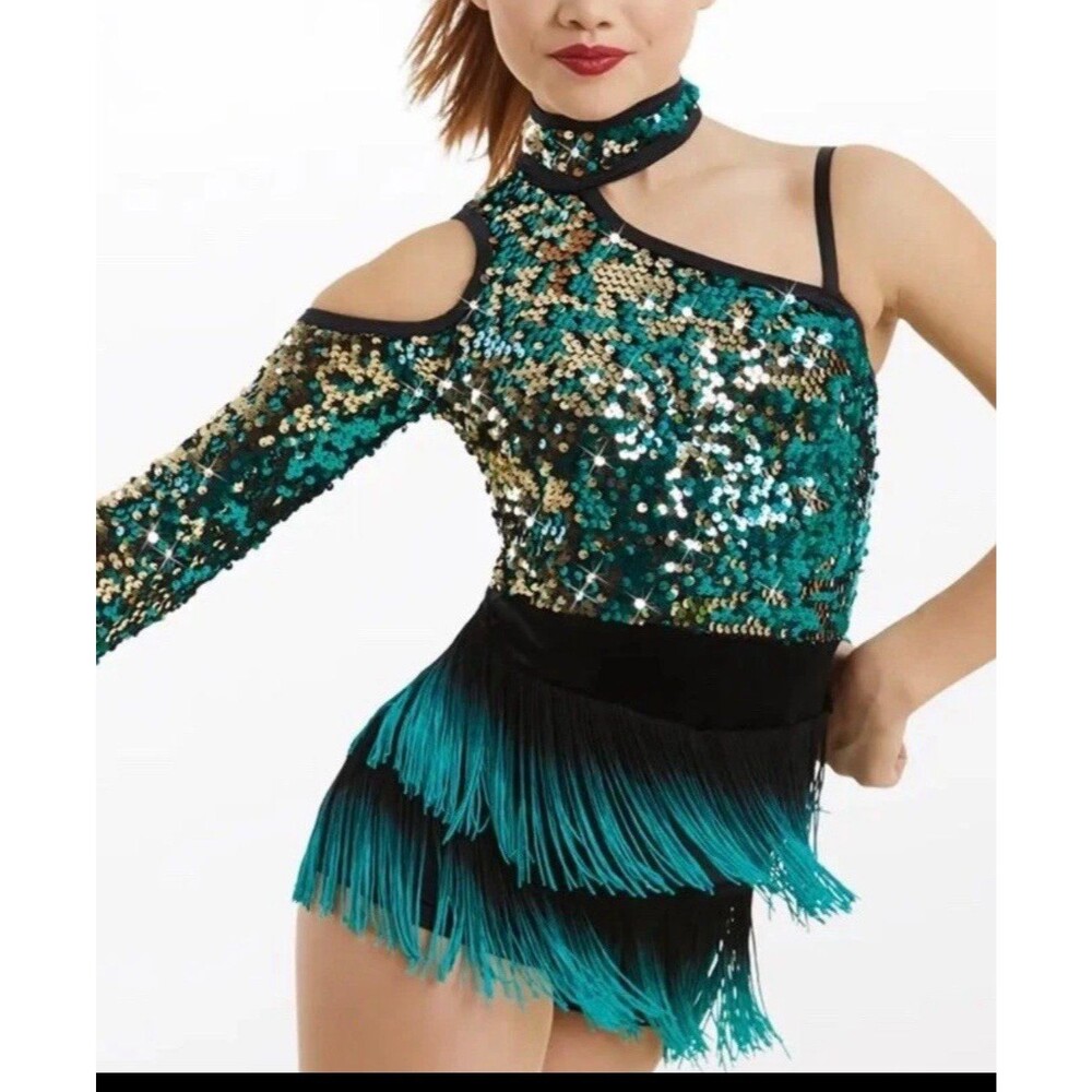Weissman Dance Costume Teal Gold Sequin LC The Party’s Just Begun Style 11306
